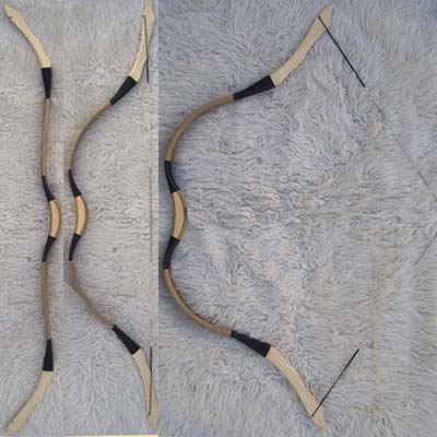 The basis for its creation was a series of experiments designed to test the characteristics of long horns on short bending parts. The result is a dynamic recurve bow with an exciting shape. It does not exceed the others with its performance, but it has become the favorite of many people because of its unique shape and peculiar looks. Lenght of string: 128 cm 50 3/8" Draw weight: 25-60# max draw length: 30" measured at 30" Basic outfit: fibreglass bow, leather covering, ashwood siyahs and grip design on leather flax binding colour of leather and binding can be chosen Optional extras: silk bindings (+15 EUR) different decorations on siyahs and grip different leather ornaments leather embroidery (+29 EUR) We undertake 1 year guarantee for this traditional recurve bow!